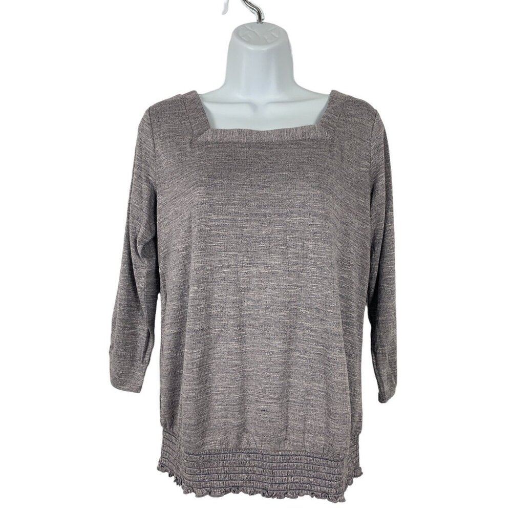 AB Studio Gray Textured 3/4 Sleeve Blouse With Square Neck & Smocked Hem